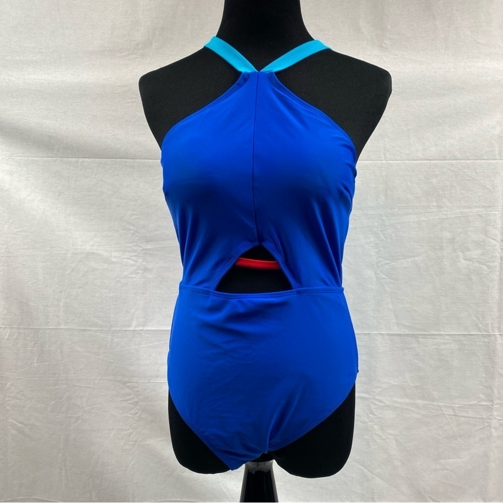 Juicy Couture Swimsuit 1 Piece High Neck Contrasting Binding JCPOP 442 Med Blue - Picture 7 of 11